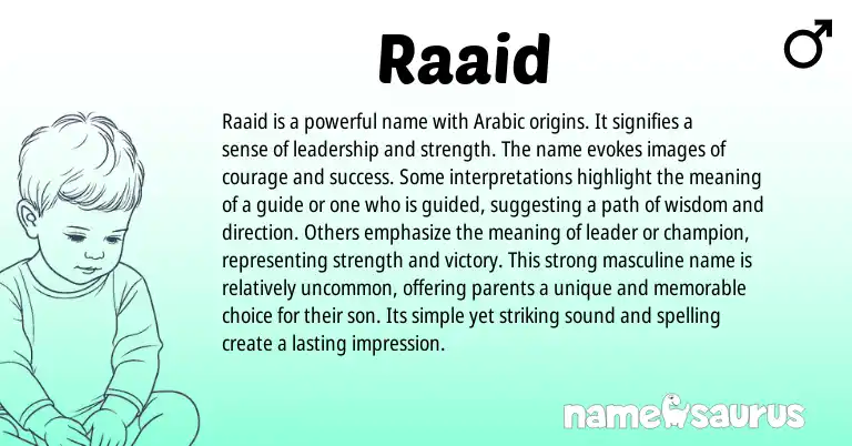 Infographic about Raaid name meaning, Raaid is a name from Arabic origin(s).