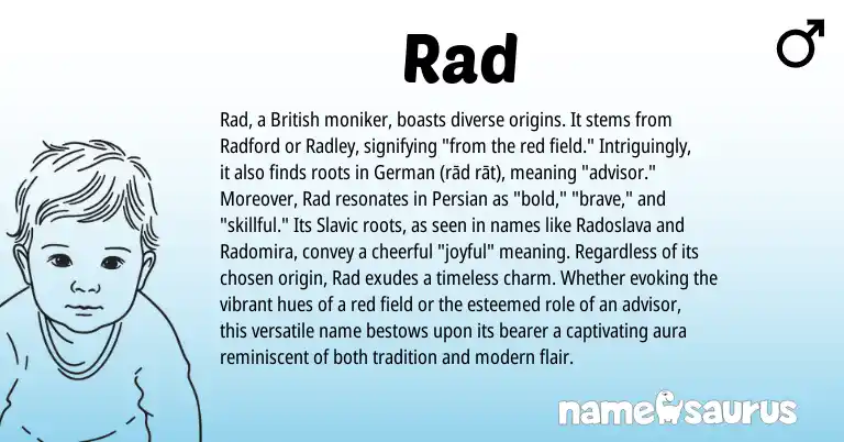 Infographic about Rad name meaning, Rad is a name from German, British, Persian, Slavic origin(s).
