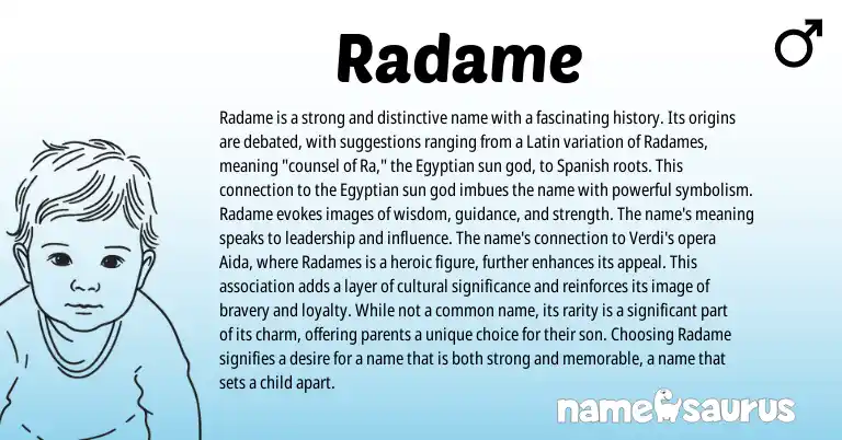 Infographic about Radame name meaning, Radame is a name from Latin, Egyptian origin(s).