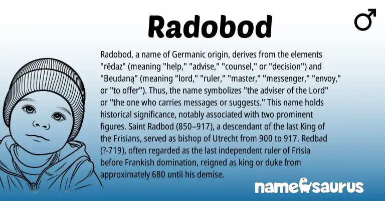 Infographic about Radobod name meaning, Radobod is a name from Germanic, Frankish origin(s).