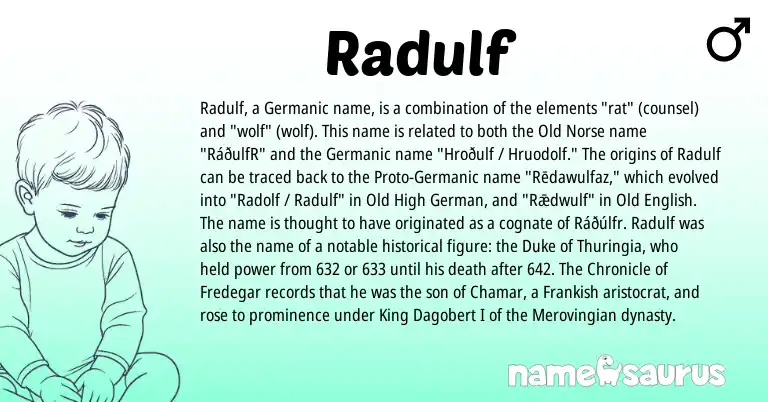Infographic about Radulf name meaning, Radulf is a name from Old Norse, Old High German, Frankish, Germanic, Old English origin(s).