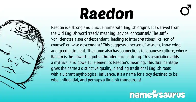 Infographic about Raedon name meaning, Raedon is a name from English origin(s).