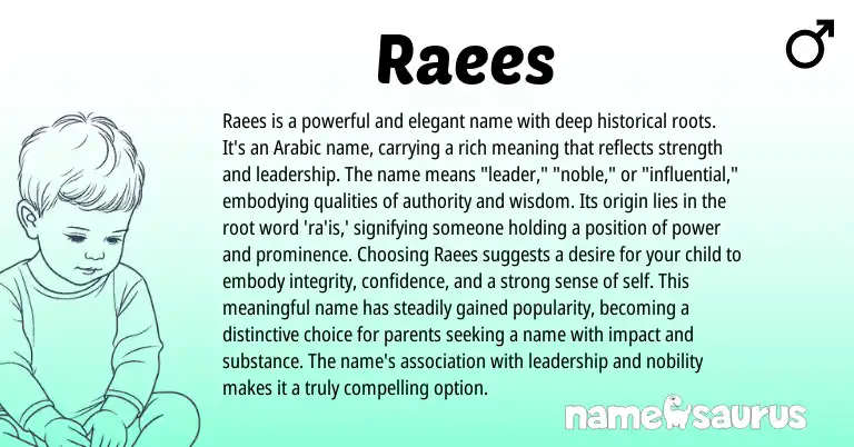 Infographic about Raees name meaning, Raees is a name from Indian, Arabic origin(s).