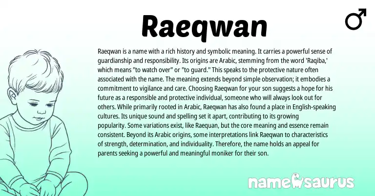 Infographic about Raeqwan name meaning, Raeqwan is a name from Arabic origin(s).