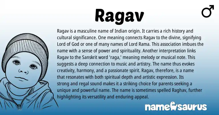 Infographic about Ragav name meaning, Ragav is a name from Indian, Sanskrit origin(s).