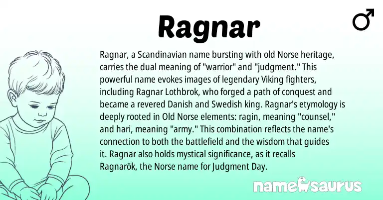Infographic about Ragnar name meaning, Ragnar is a name from Old Norse, Danish, Scandinavian, Swedish, Norse origin(s).