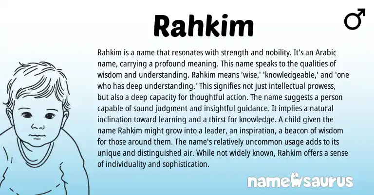 Infographic about Rahkim name meaning, Rahkim is a name from Arabic origin(s).