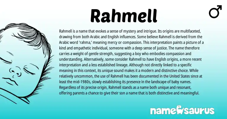 Infographic about Rahmell name meaning, Rahmell is a name from Arabic origin(s).