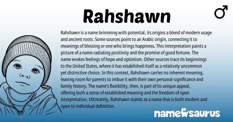 Infographic about Rahshawn name meaning, Rahshawn is a name from Arabic, American origin(s).