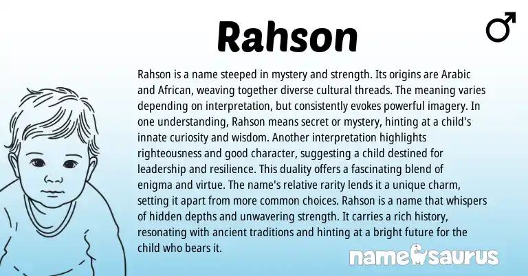 Infographic about Rahson name meaning, Rahson is a name from Arabic origin(s).