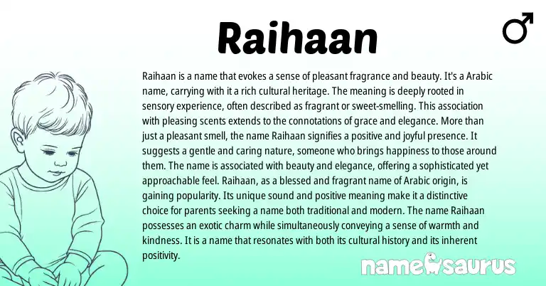 Infographic about Raihaan name meaning, Raihaan is a name from Arabic origin(s).