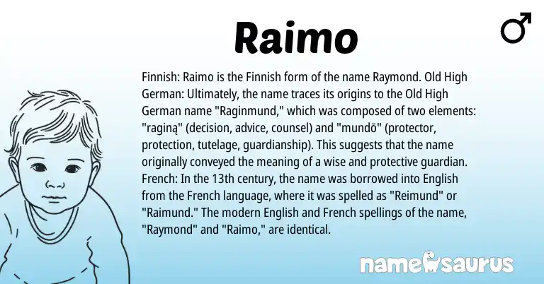 Infographic about Raimo name meaning, Raimo is a name from Old High German, English, Finnish, French origin(s).