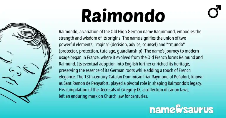 Infographic about Raimondo name meaning, Raimondo is a name from Old High German, English, Catalan, Old French, French, German origin(s).