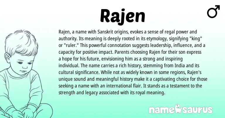 Infographic about Rajen name meaning, Rajen is a name from Indian, Hindi origin(s).