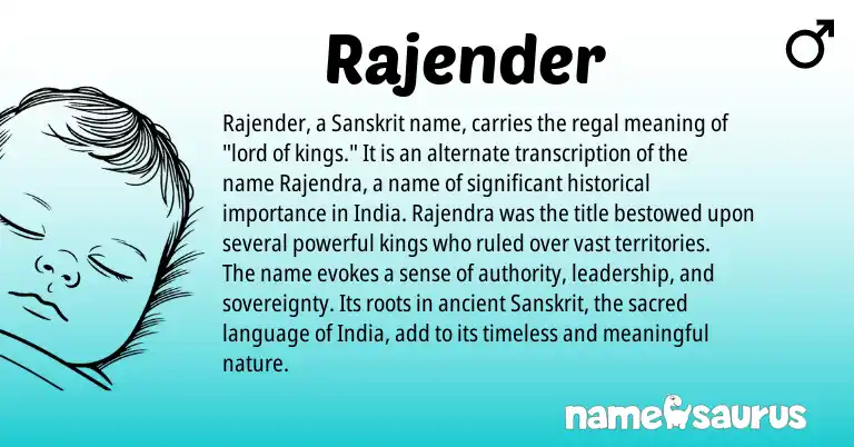 Infographic about Rajender name meaning, Rajender is a name from Sanskrit origin(s).