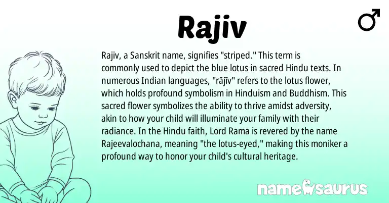 Infographic about Rajiv name meaning, Rajiv is a name from Buddhism, Indian, Hinduism, Sanskrit, Hindu origin(s).