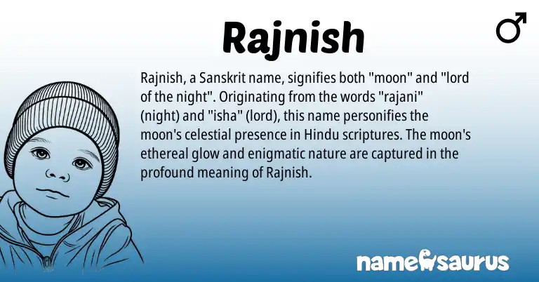Infographic about Rajnish name meaning, Rajnish is a name from Sanskrit, Hindu origin(s).