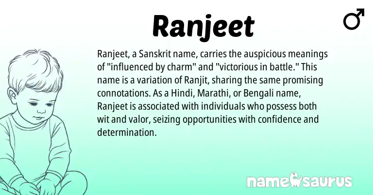 Infographic about Ranjeet name meaning, Ranjeet is a name from Sanskrit, Hindi, Marathi, Bengali origin(s).