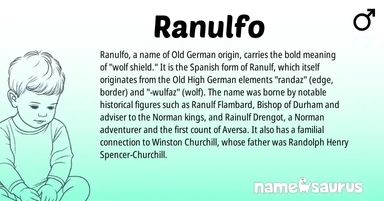 Infographic about Ranulfo name meaning, Ranulfo is a name from Old German, Spanish, Norman, Old High German origin(s).