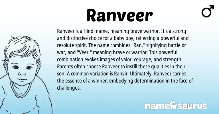 Infographic about Ranveer name meaning, Ranveer is a name from Indian, Hindi origin(s).