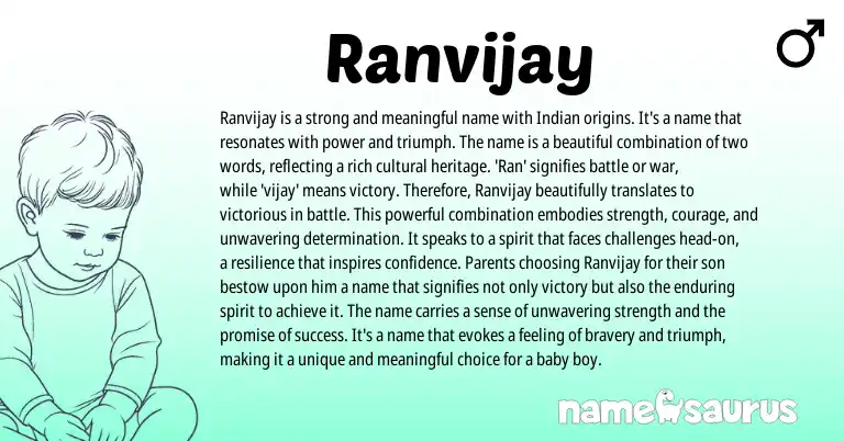 Infographic about Ranvijay name meaning, Ranvijay is a name from Indian, Hindi origin(s).