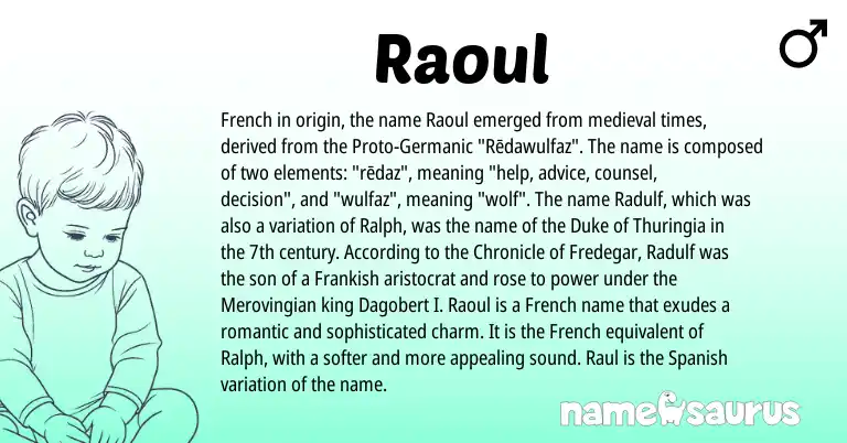 Infographic about Raoul name meaning, Raoul is a name from Spanish, French, Germanic, Frankish origin(s).