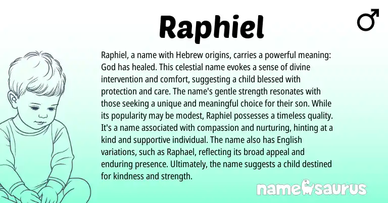 Infographic about Raphiel name meaning, Raphiel is a name from Hebrew origin(s).