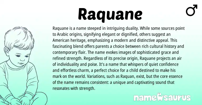 Infographic about Raquane name meaning, Raquane is a name from Arabic origin(s).