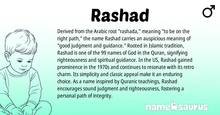 Infographic about Rashad name meaning, Rashad is a name from Arabic, Quranic origin(s).