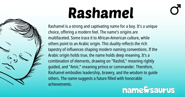 Infographic about Rashamel name meaning, Rashamel is a name from Arabic origin(s).