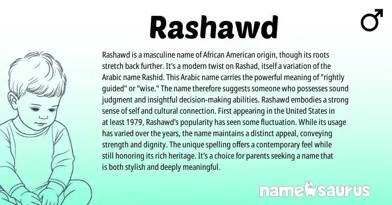 Infographic about Rashawd name meaning, Rashawd is a name from American, African, Arabic origin(s).