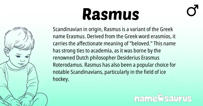 Infographic about Rasmus name meaning, Rasmus is a name from Scandinavian, Dutch, Greek origin(s).