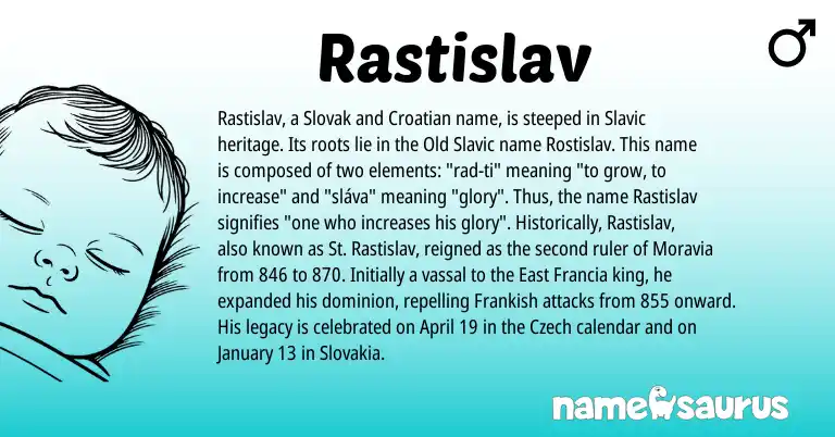 Infographic about Rastislav name meaning, Rastislav is a name from Slovak, Croatian, Slavic, Frankish, Old Slavic, Czech origin(s).