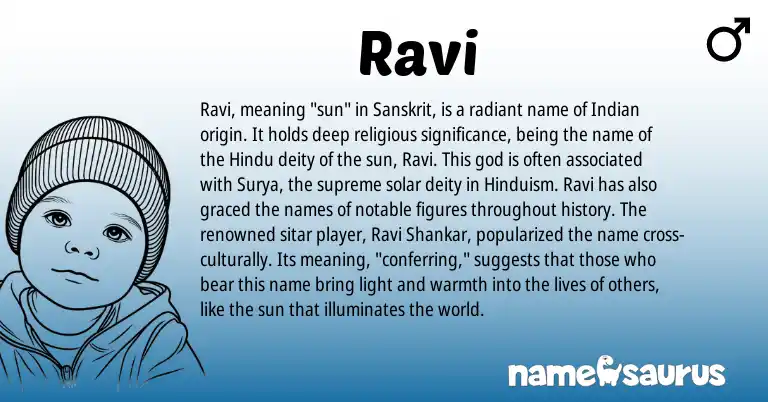 Infographic about Ravi name meaning, Ravi is a name from Hinduism, Sanskrit, Indian, Hindu origin(s).