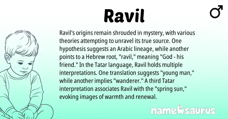 Infographic about Ravil name meaning, Ravil is a name from Arabic, Hebrew, Tatar origin(s).
