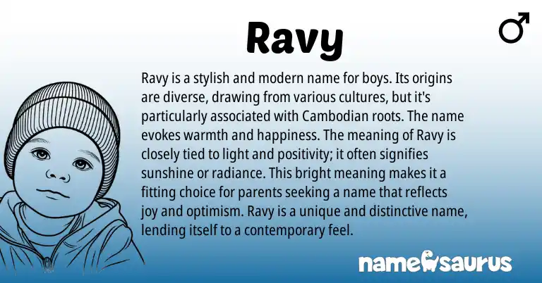 Infographic about Ravy name meaning, Ravy is a name from Cambodian origin(s).