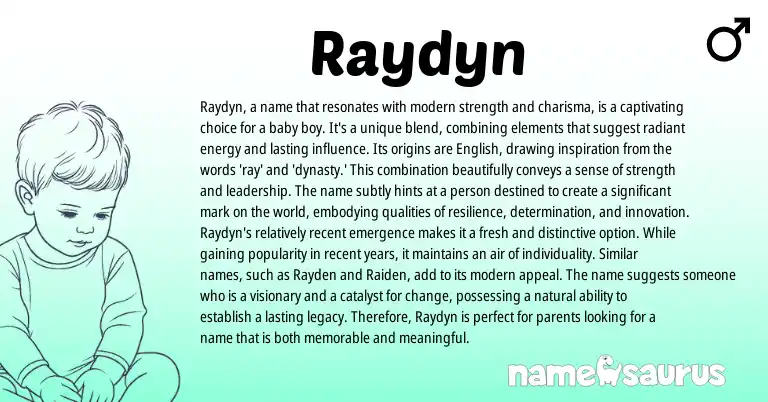 Infographic about Raydyn name meaning, Raydyn is a name from English origin(s).