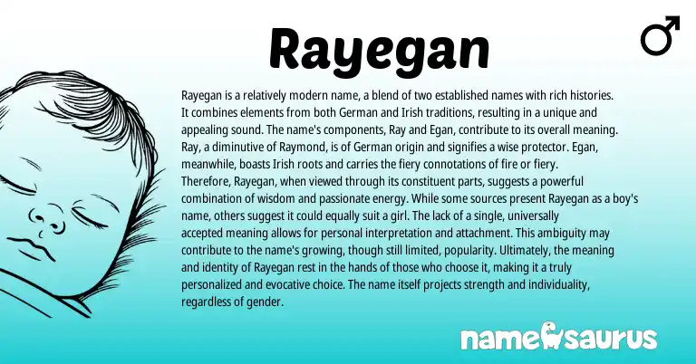 Infographic about Rayegan name meaning, Rayegan is a name from Germanic, Persian, Irish origin(s).