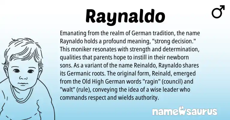 Infographic about Raynaldo name meaning, Raynaldo is a name from Old High German, German, Germanic origin(s).