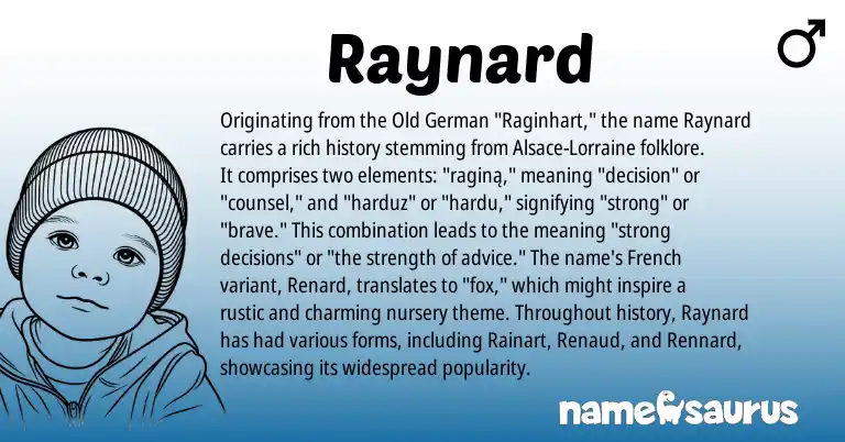 Infographic about Raynard name meaning, Raynard is a name from Old German, French origin(s).