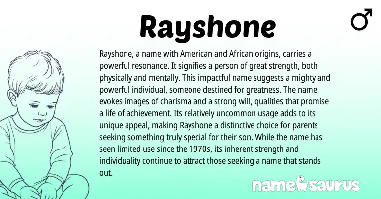 Infographic about Rayshone name meaning, Rayshone is a name from American, African origin(s).