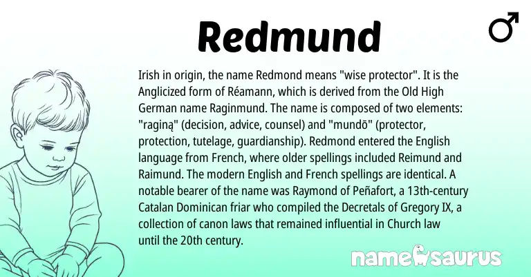 Infographic about Redmund name meaning, Redmund is a name from Irish, Old High German, English, Catalan, French origin(s).