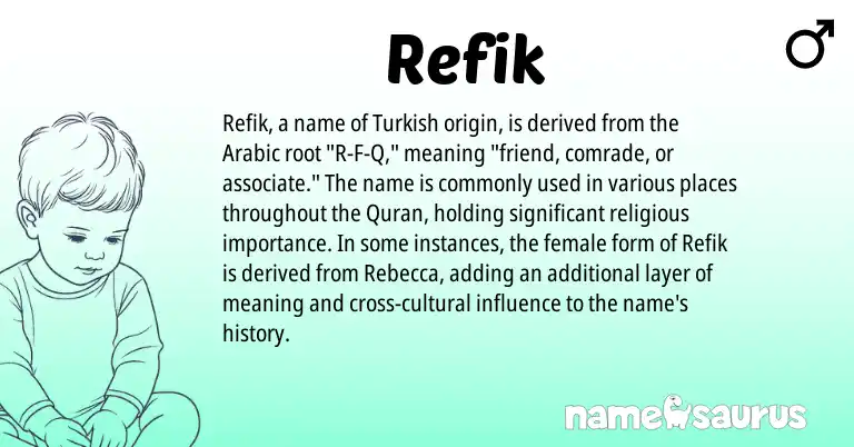 Infographic about Refik name meaning, Refik is a name from Arabic, Turkish origin(s).