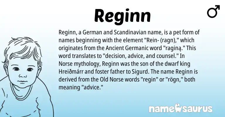 Infographic about Reginn name meaning, Reginn is a name from Old Norse, Scandinavian, Ancient Germanic, German, Norse origin(s).