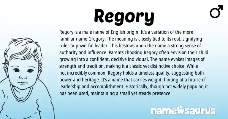 Infographic about Regory name meaning, Regory is a name from English, Greek origin(s).