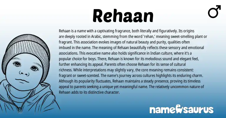 Infographic about Rehaan name meaning, Rehaan is a name from Arabic origin(s).