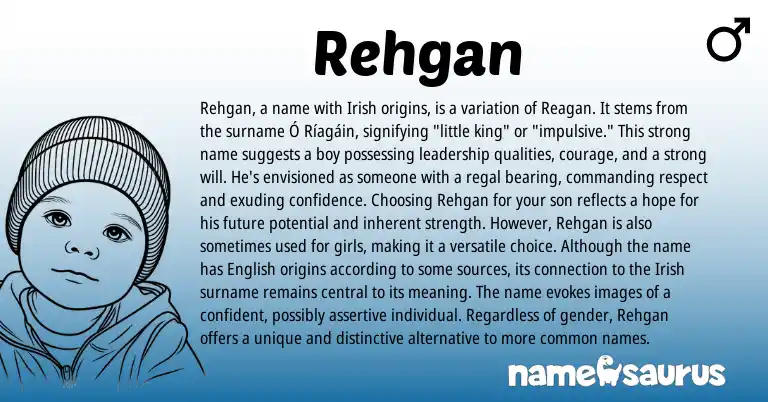 Infographic about Rehgan name meaning, Rehgan is a name from Irish origin(s).