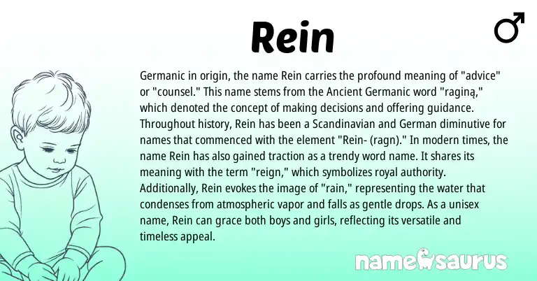 Infographic about Rein name meaning, Rein is a name from Scandinavian, German, Germanic, Ancient Germanic origin(s).