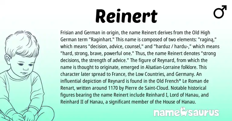 Infographic about Reinert name meaning, Reinert is a name from Old High German, Old French, Alsatian, Roman, Frisian, German origin(s).