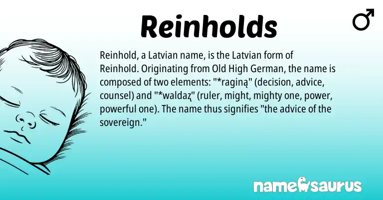 Infographic about Reinholds name meaning, Reinholds is a name from Old High German, Latvian origin(s).